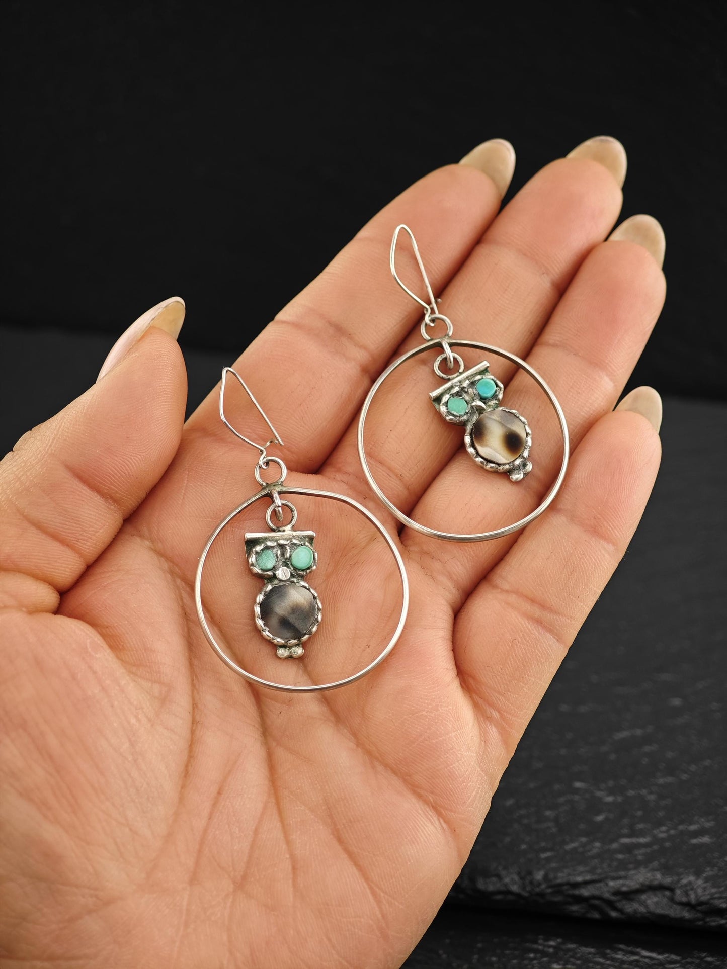 Zuni Inlay Hoop Earrings - Vintage Owl Design Sterling Silver
