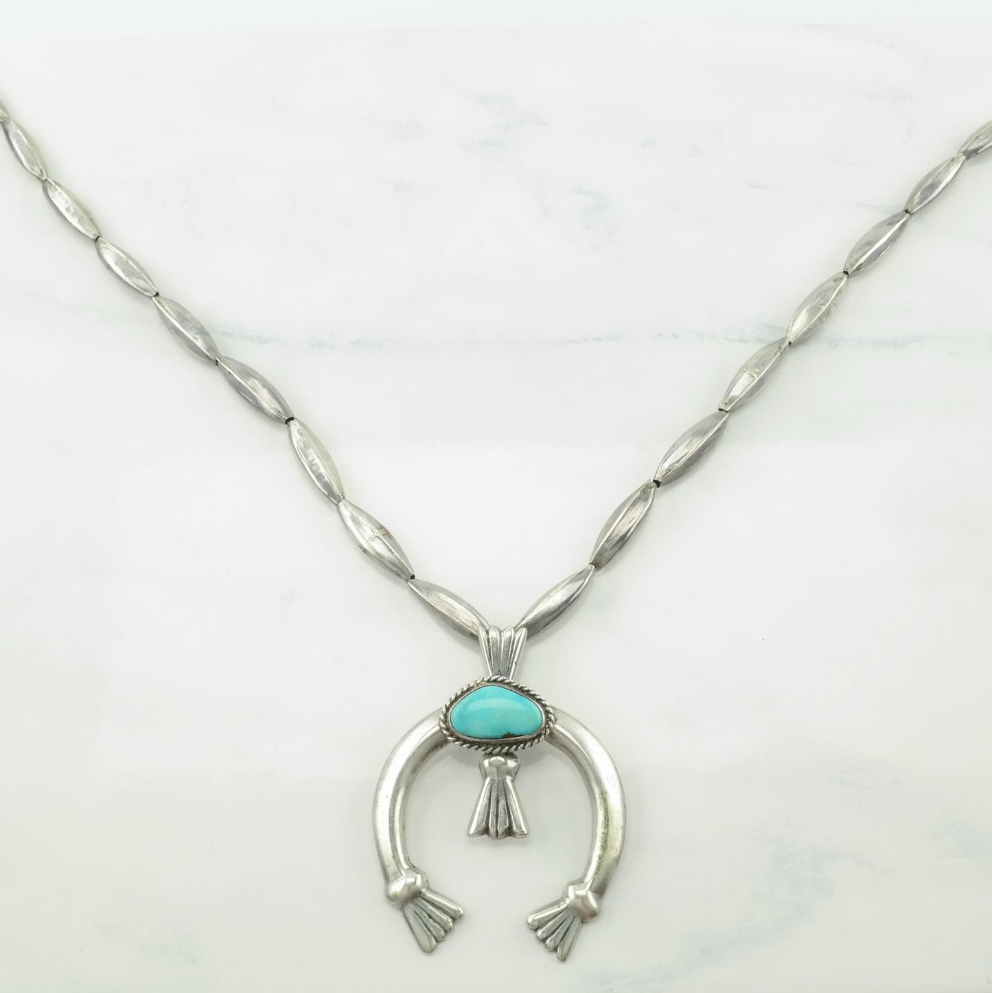 Native American Sterling Silver Blue Turquoise Sandcast, Naja Necklace