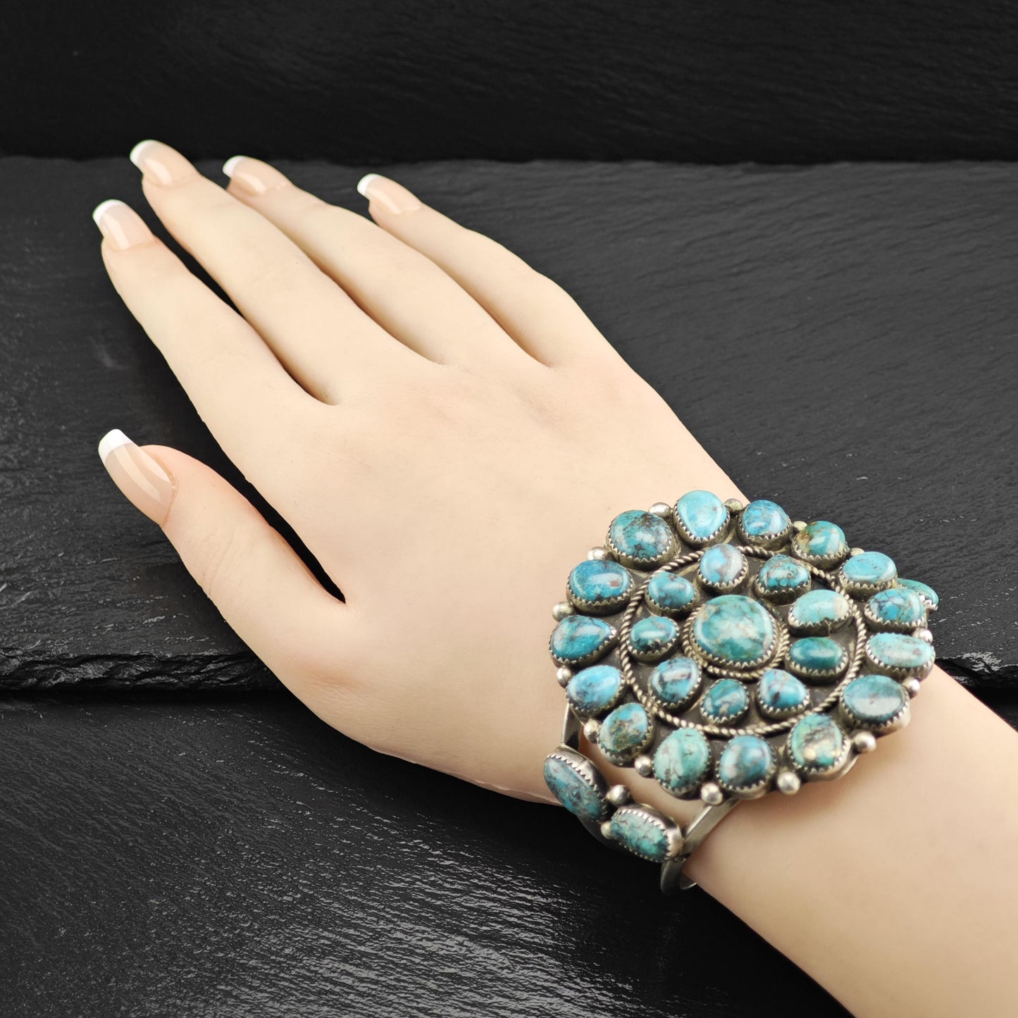 Turquoise Cluster Cuff Bracelet Sterling Silver Native American