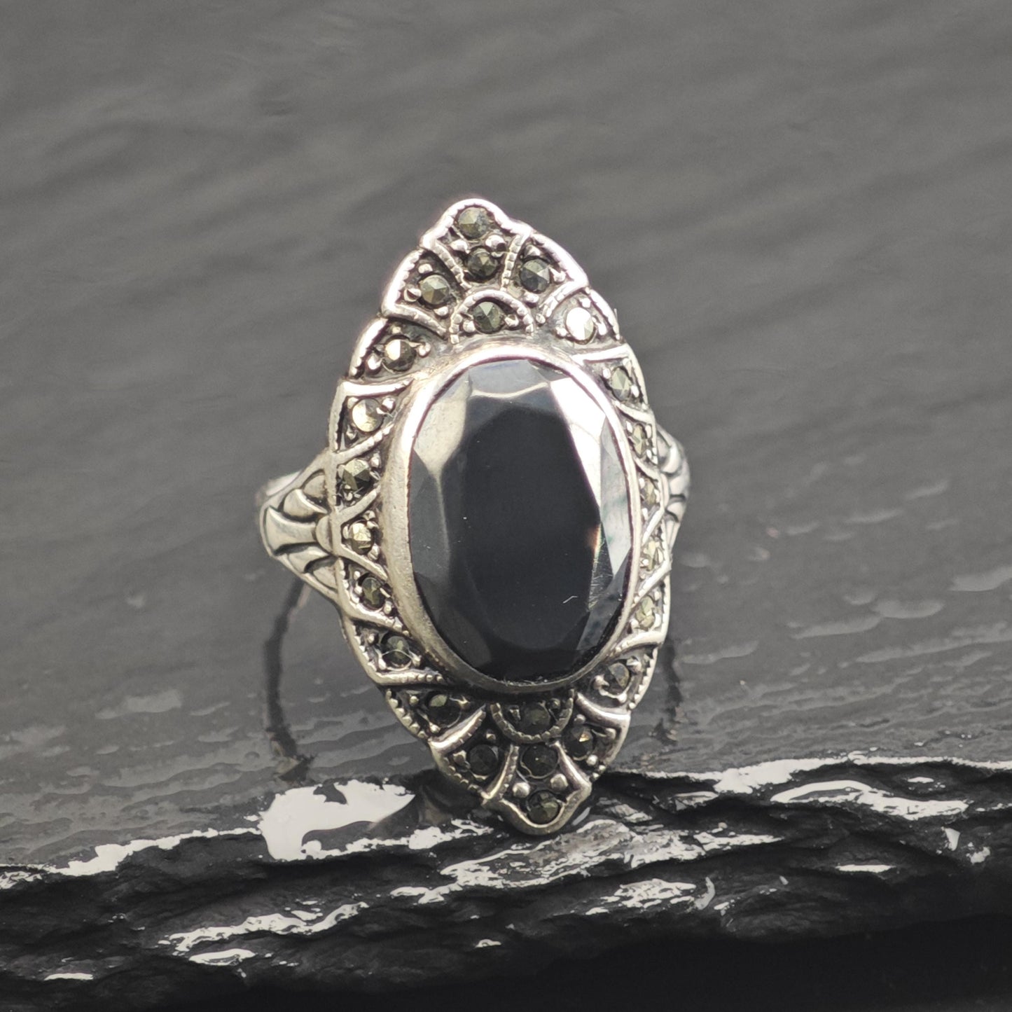 Art Deco Hematite Marcasite Sterling Silver Ring Sz 7 R6676