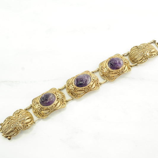 Chinese, Export Sterling Silver Link Bracelet Gold Gilded, Purple Amethyst, Carved, Flower Gold Gilded, Filigree