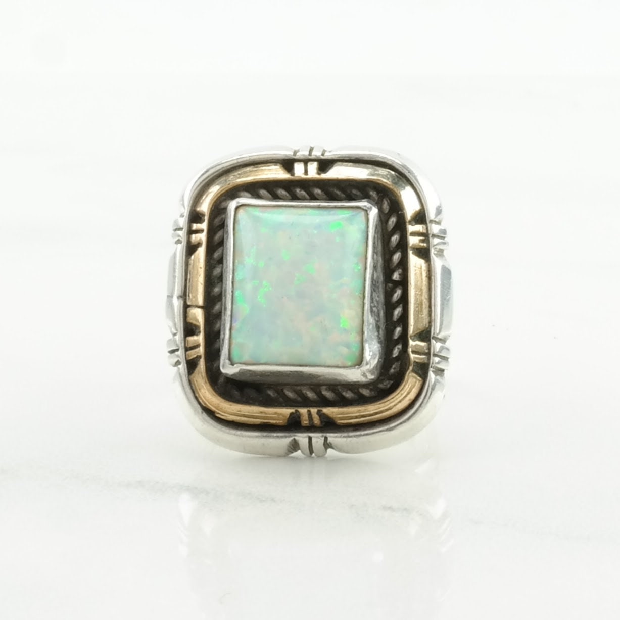 Sterling Silver Ring Lab Opal 12K Gold Accents Size 5 3/4