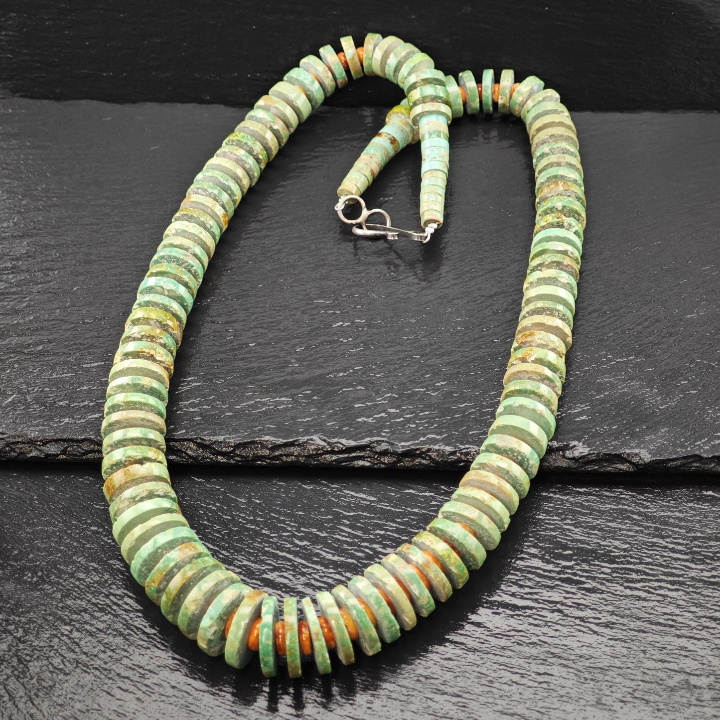 Heishi Necklace Turquoise and Spiny Oyster Beads Sterling Silver Graduated 7-21mm N2666