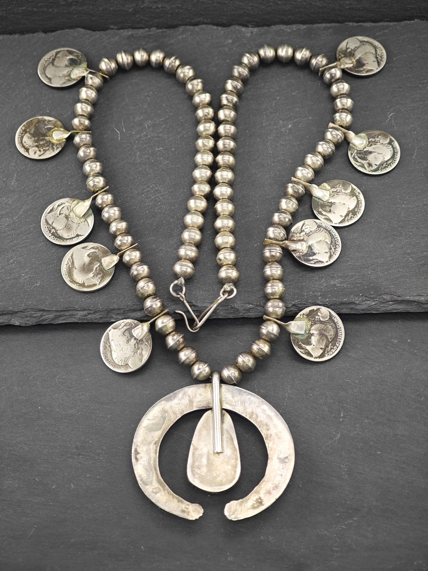Native American Green Turquoise, Buffalo Nickles Squash Blossom Necklace Sterling Silver