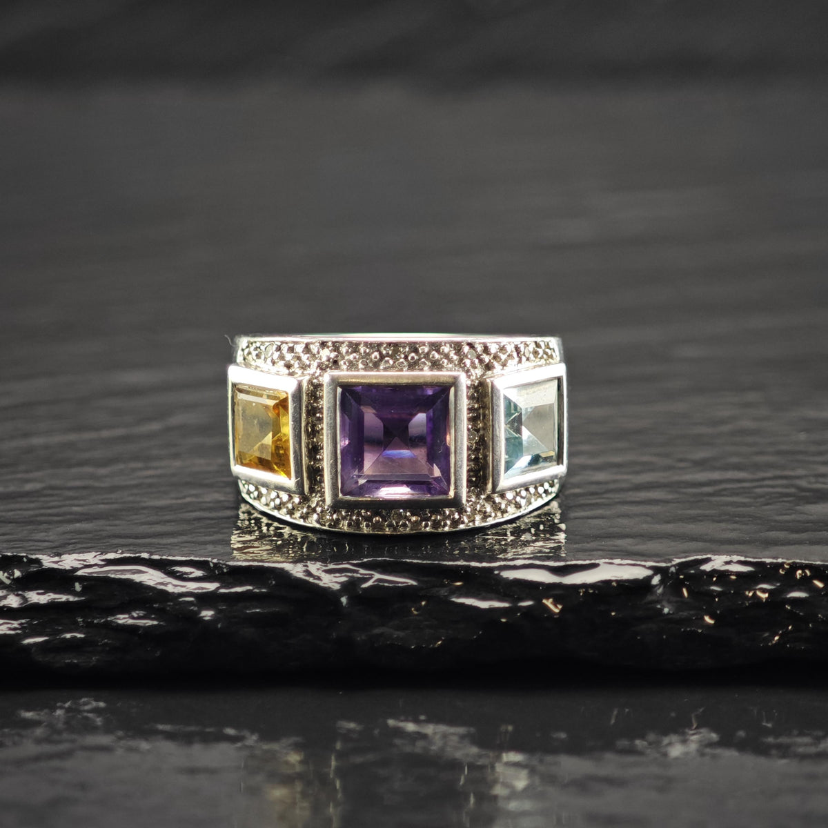 Trio Band Diamond Chips Sterling Silver Ring Sz 6 R6826