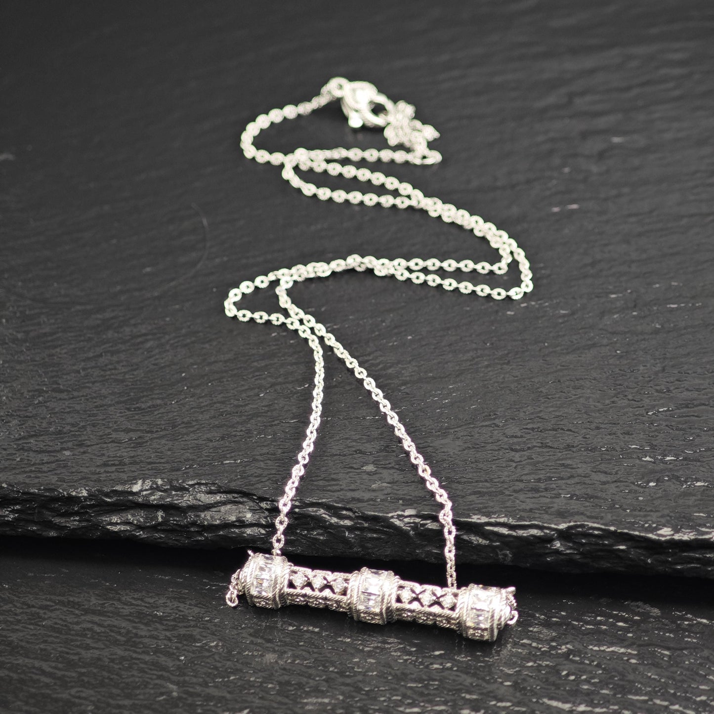 Vintage Judith Ripka DQCZ Bar Necklace Sterling Silver N2738