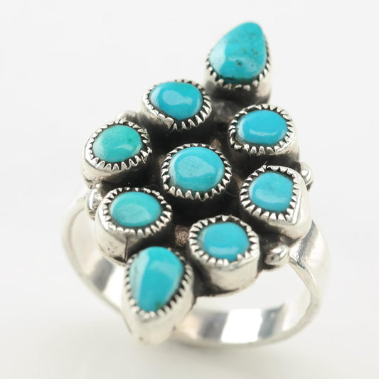 Vintage Native American Silver Ring Turquoise Cluster Sterling Blue Size 5 1/4