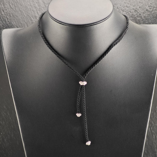 Vintage Judith Ripka Black Braided Cord Lariat Sterling Silver Necklace N2798