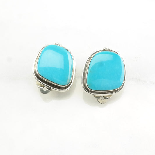 Vintage Sterling Silver Clip on Earrings, Native American Blue Turquoise Inlay ER2651