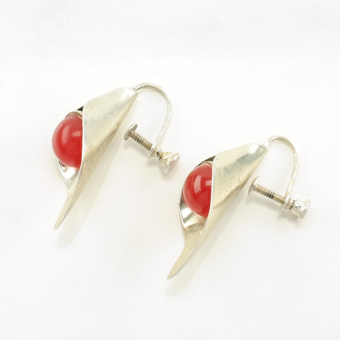 Vintage Sterling Silver Red Stone Calla Lily Earrings Screw back