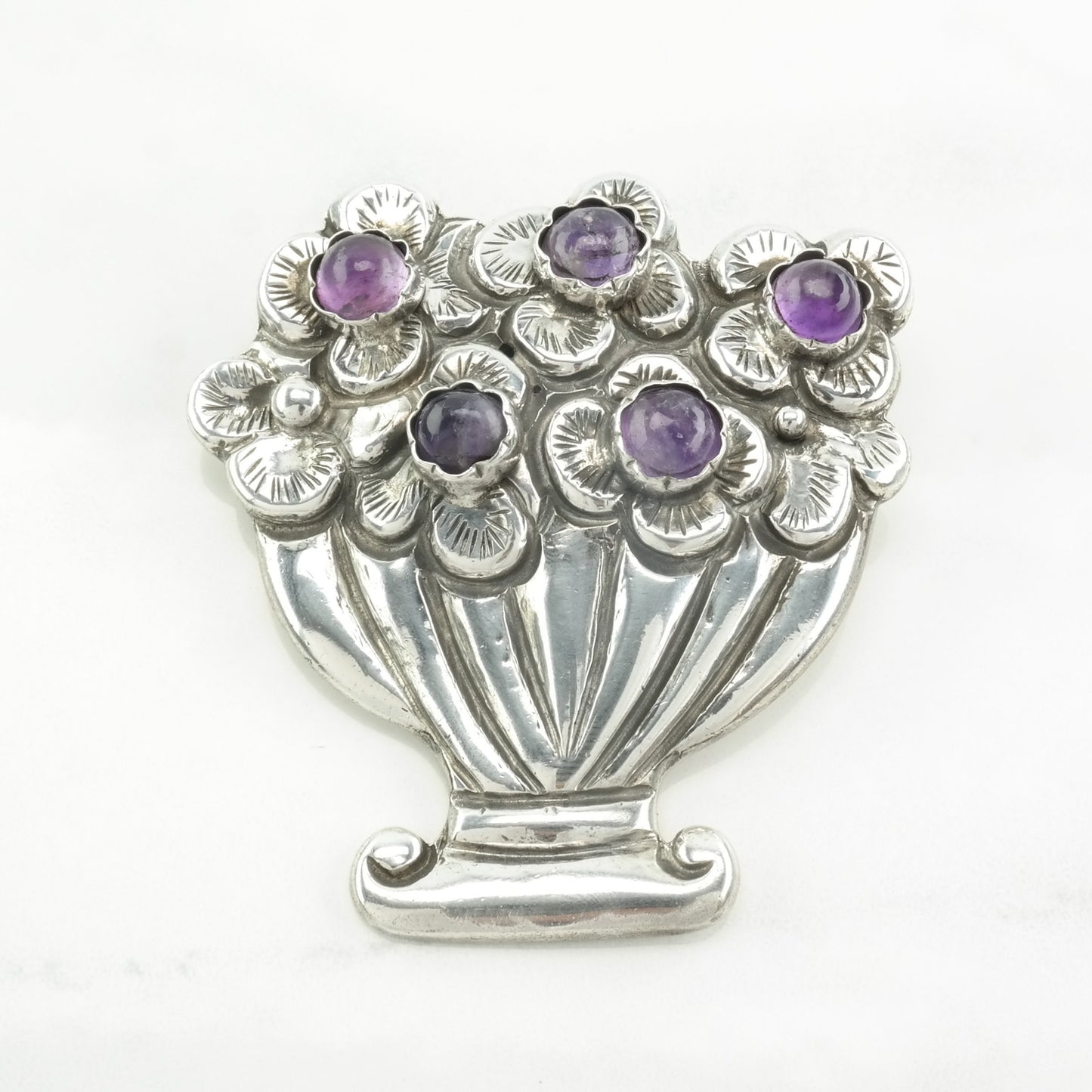 Taxco Sterling Silver Brooch Flower Basket Amethyst