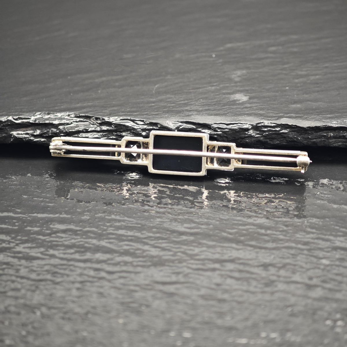 Art Deco Rock Crystal, Marcasite Onyx Sterling Silver Brooch B2255