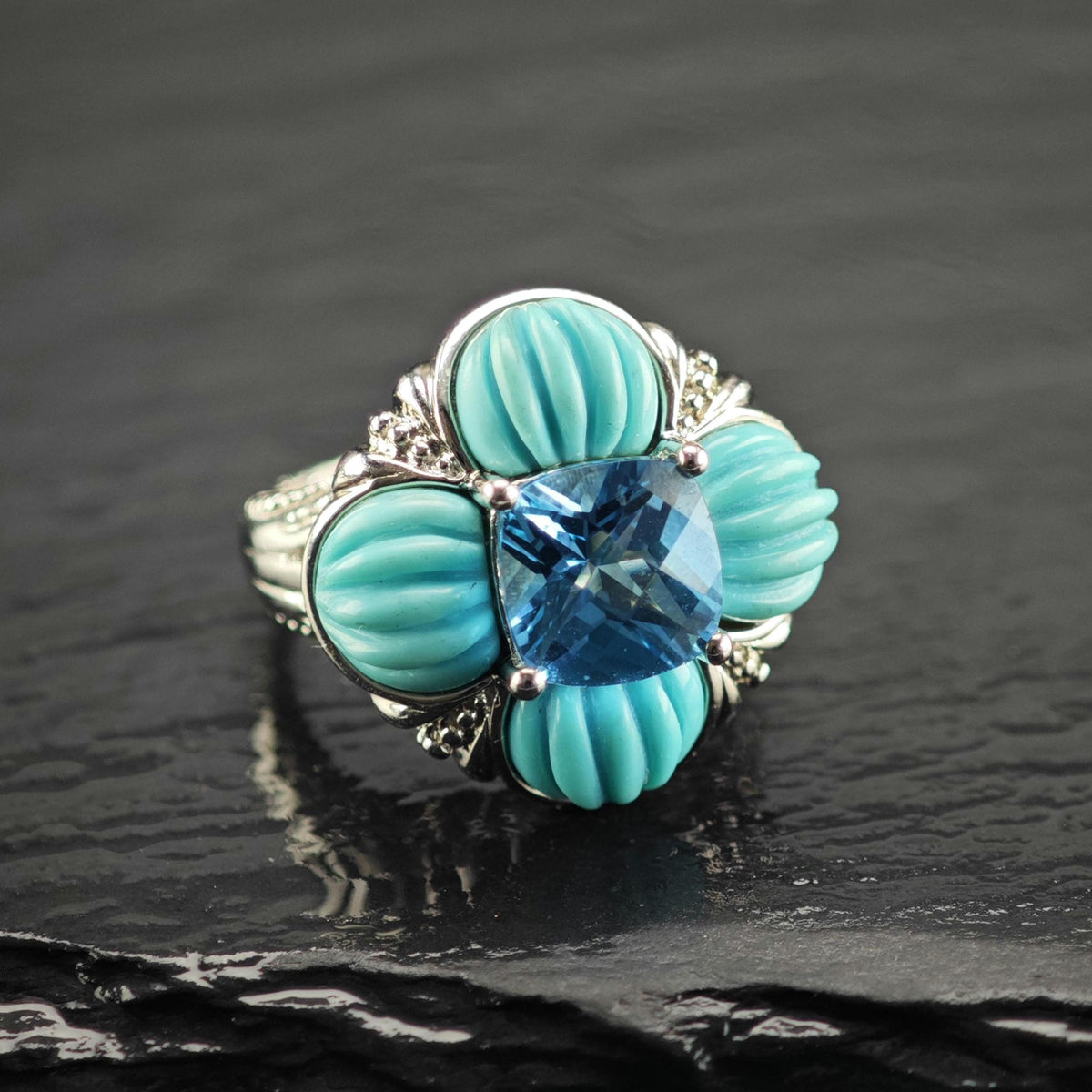 Topaz & Block Turquoise Sterling Silver Flower Ring Sz 6 R6814