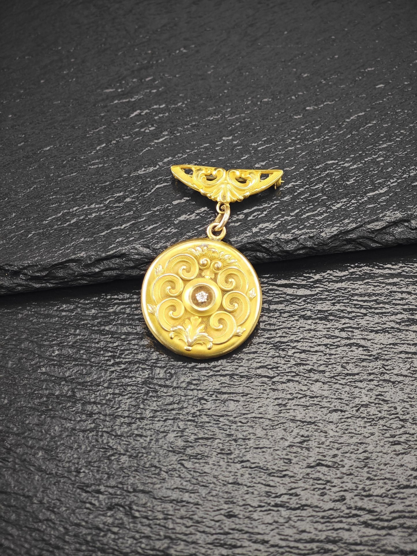 Art Nouveau Monogram Locket, Gold Diamond Brooch