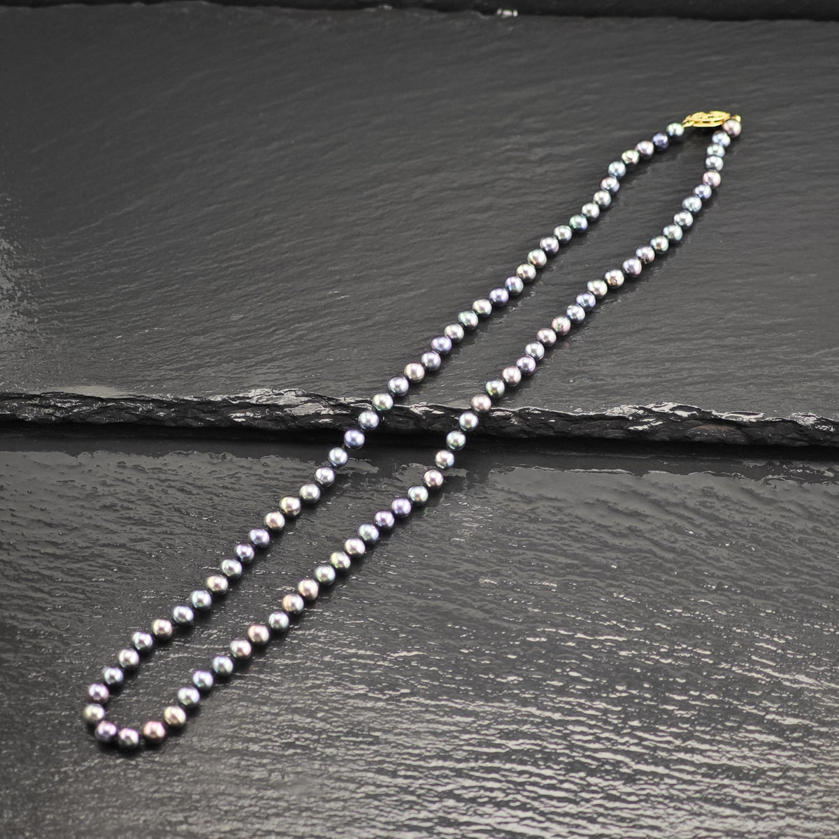 Dark Blue 4.5mm Pearls 14K Gold Clasp Beaded Necklace N2774