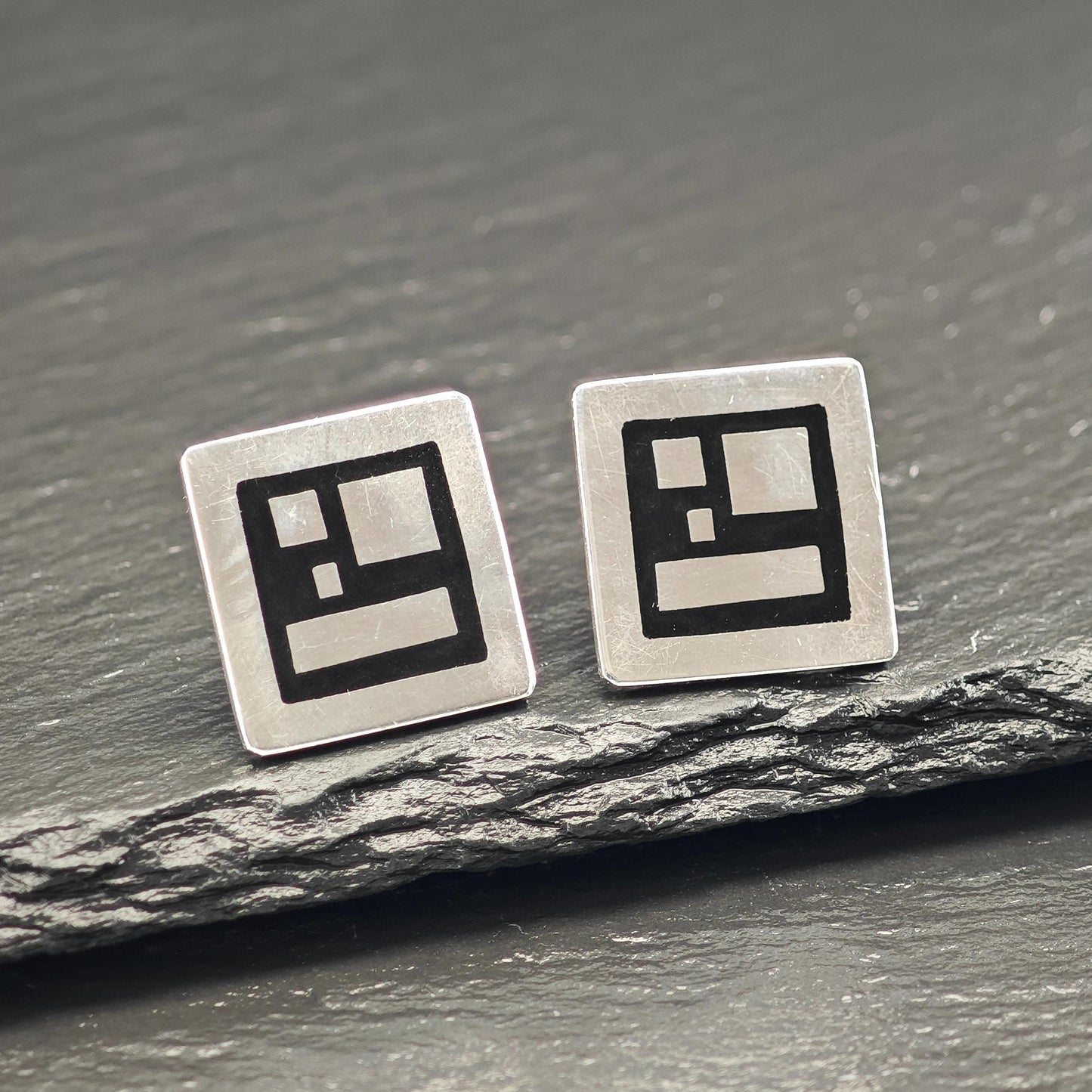 Vintage Warsaw, Poland Black Enamel Geometric Stud Earrings Sterling Silver