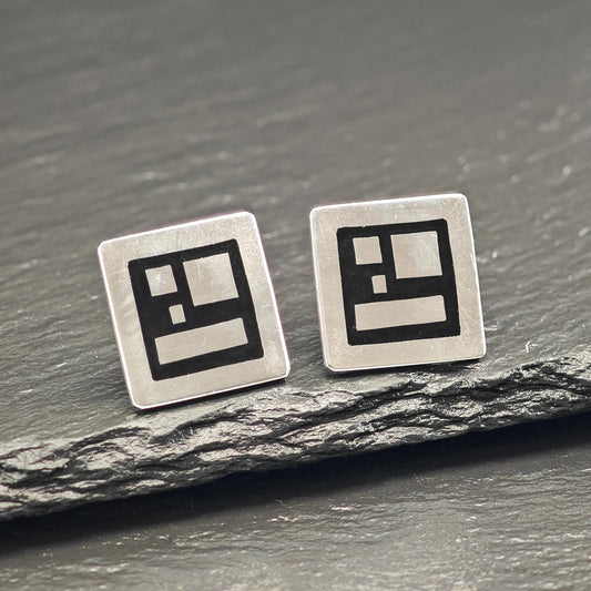 Vintage Warsaw, Poland Black Enamel Geometric Stud Earrings Sterling Silver