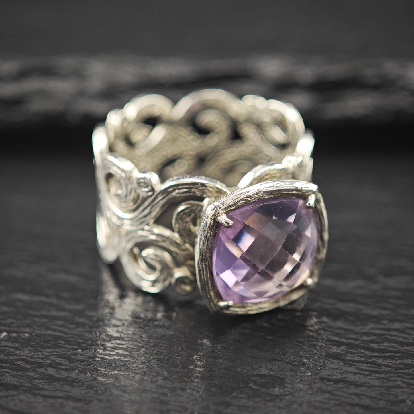 Israel Amethyst Filigree Ring Sterling Silver