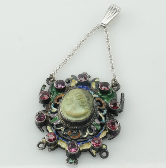 Vintage Enamel Pyrope Garnet Lava Stone Cameo Sterling Silver Multicolor Pendant