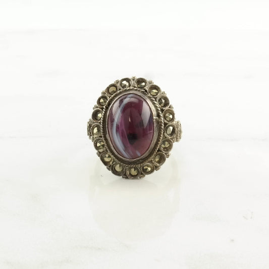 Art Deco Silver Ring Purple Stone Ornate Sterling Size 6