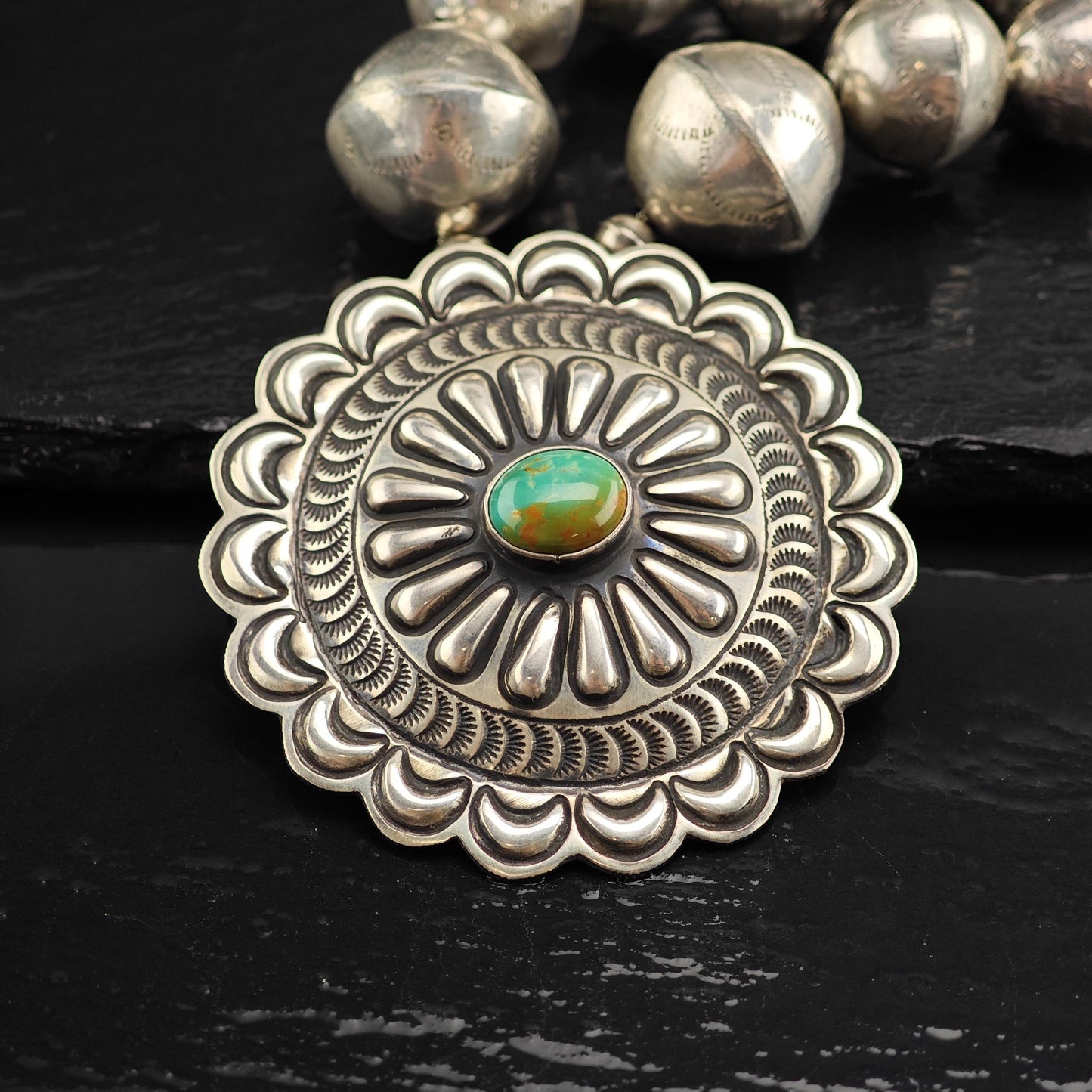 Vintage Navajo Thomas Charlie Turquoise Sterling Silver Beaded Necklace N2716