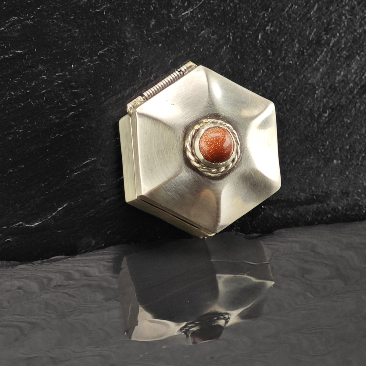 Vintage Orange Goldstone Trinket Box Sterling Silver MISC0424