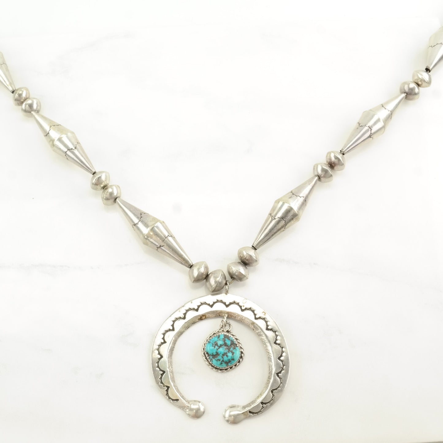 Native American Sterling Silver Blue Turquoise Stamped Necklace