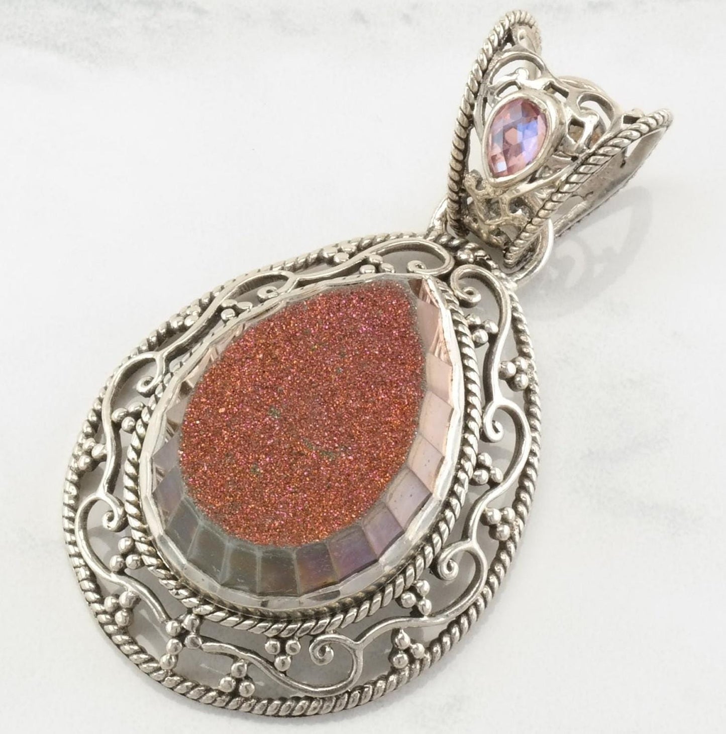 Vintage Sterling Silver Druzy Filigree Pink Pendant