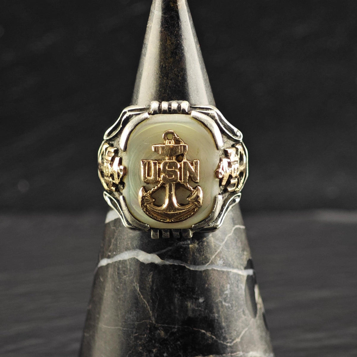 AS IS US Navy 12k Rotating Anchor Gold Sterling Silver Ring Sz 9 1/2 R6871