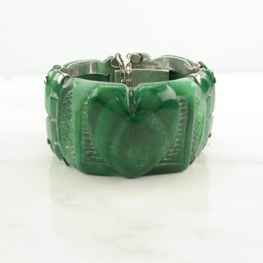 Mid Century Sterling Silver Link Bracelet Green Carved, Peruvian Jade Heart