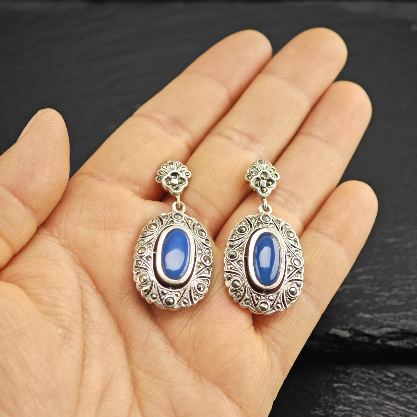 Art Deco Style Marcasite Oval Stud/Dangle Sterling Silver Earrings ER3182