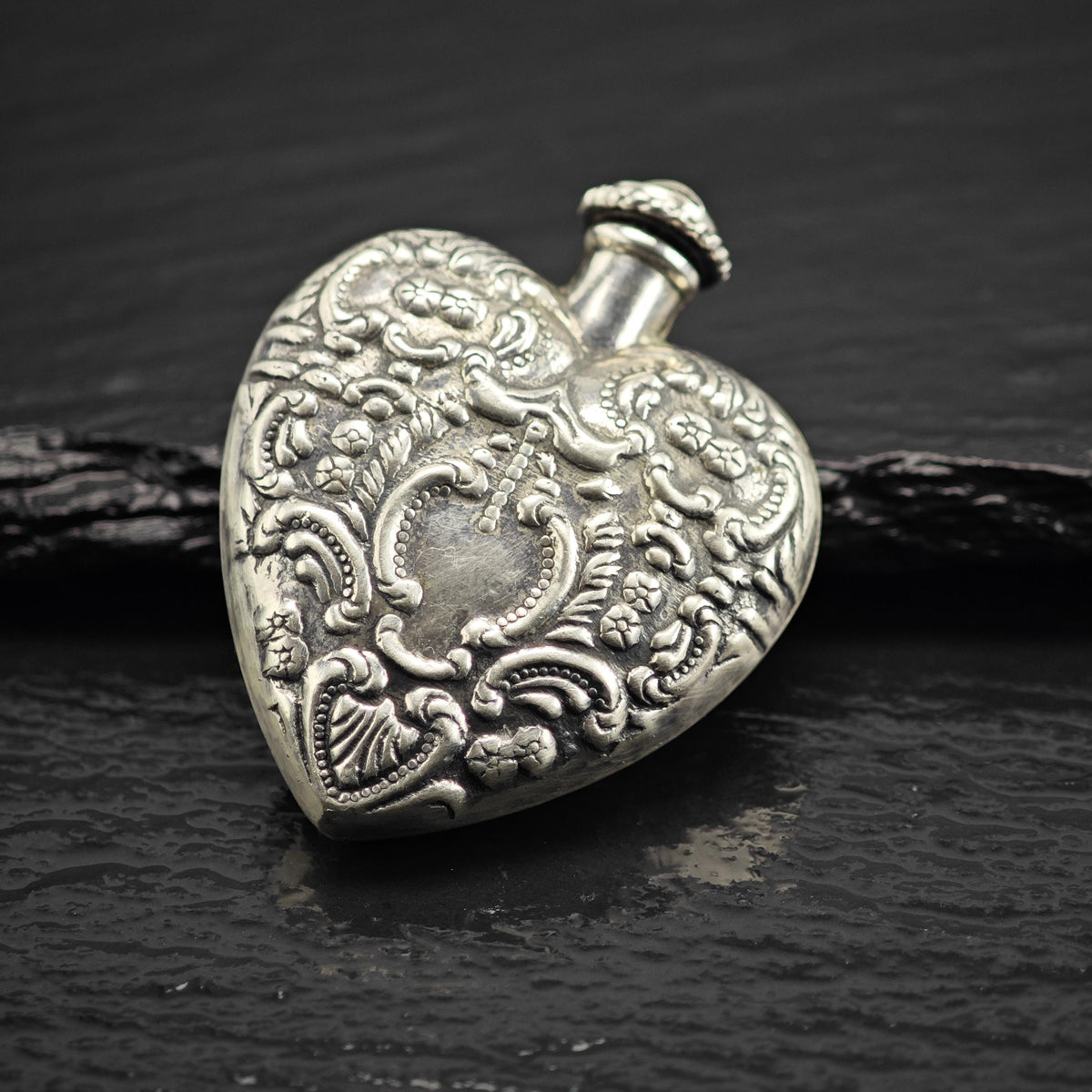 Art Nouveau Repousse Heart Shaped Sterling Silver Posion Bottle MISC0405
