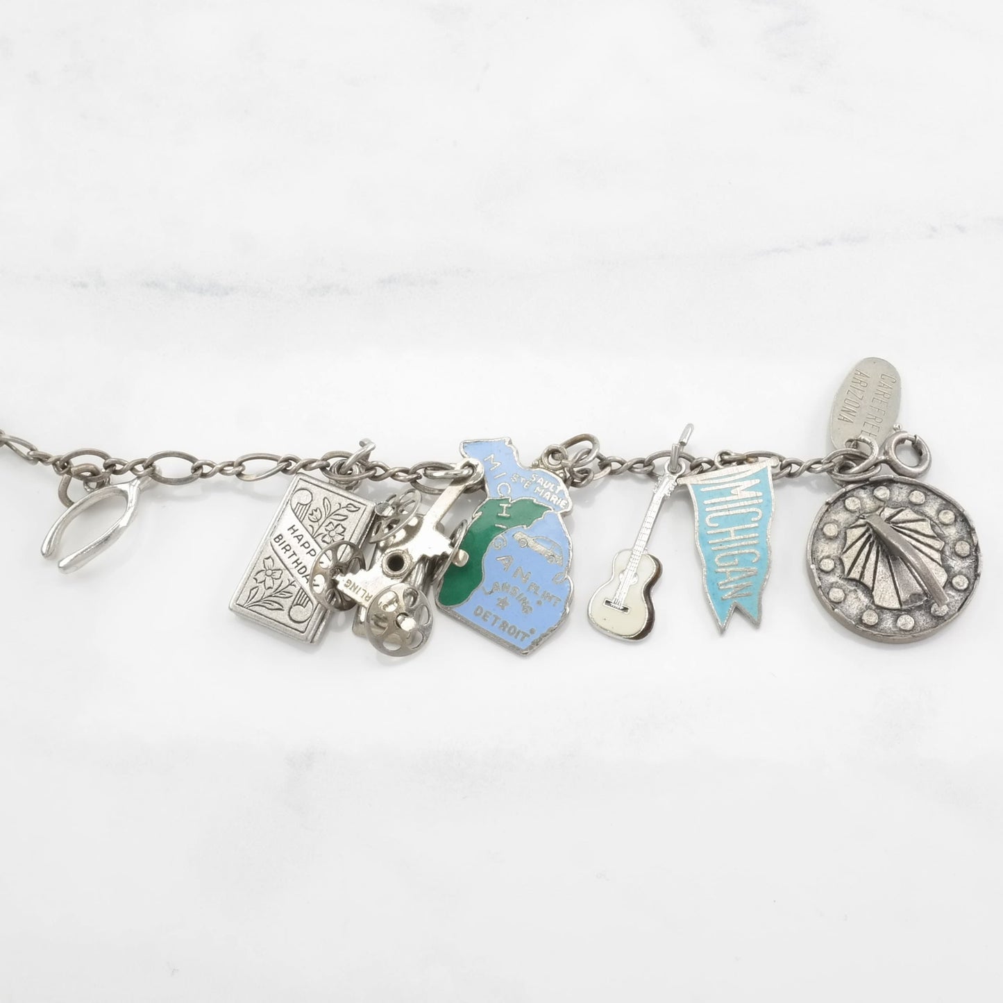 Vintage Sterling Silver Charm Bracelet Travel 12 Charms