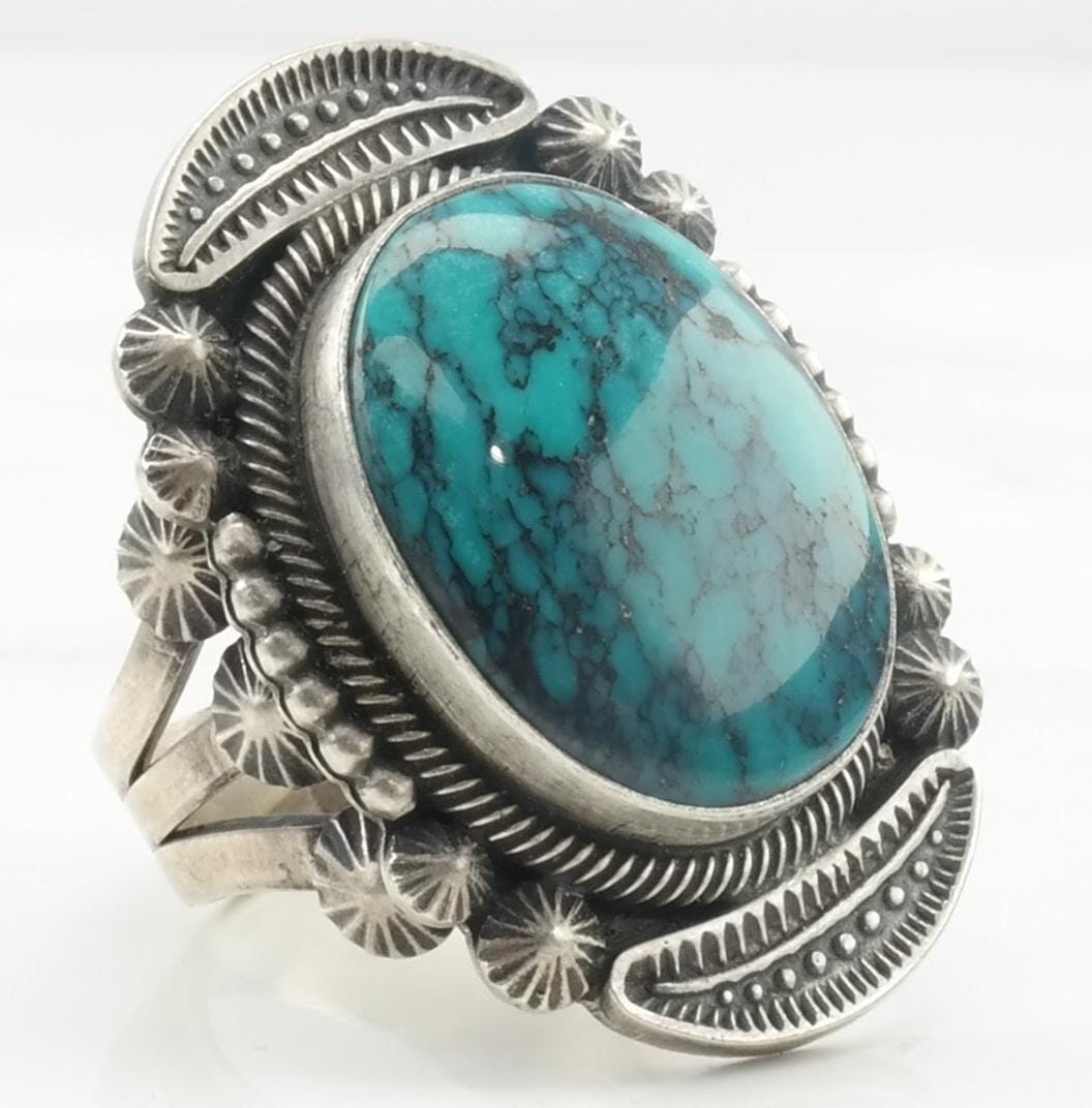 Vintage Navajo Silver Ring Turquoise Spiderweb Sterling Blue Size 8 3/4