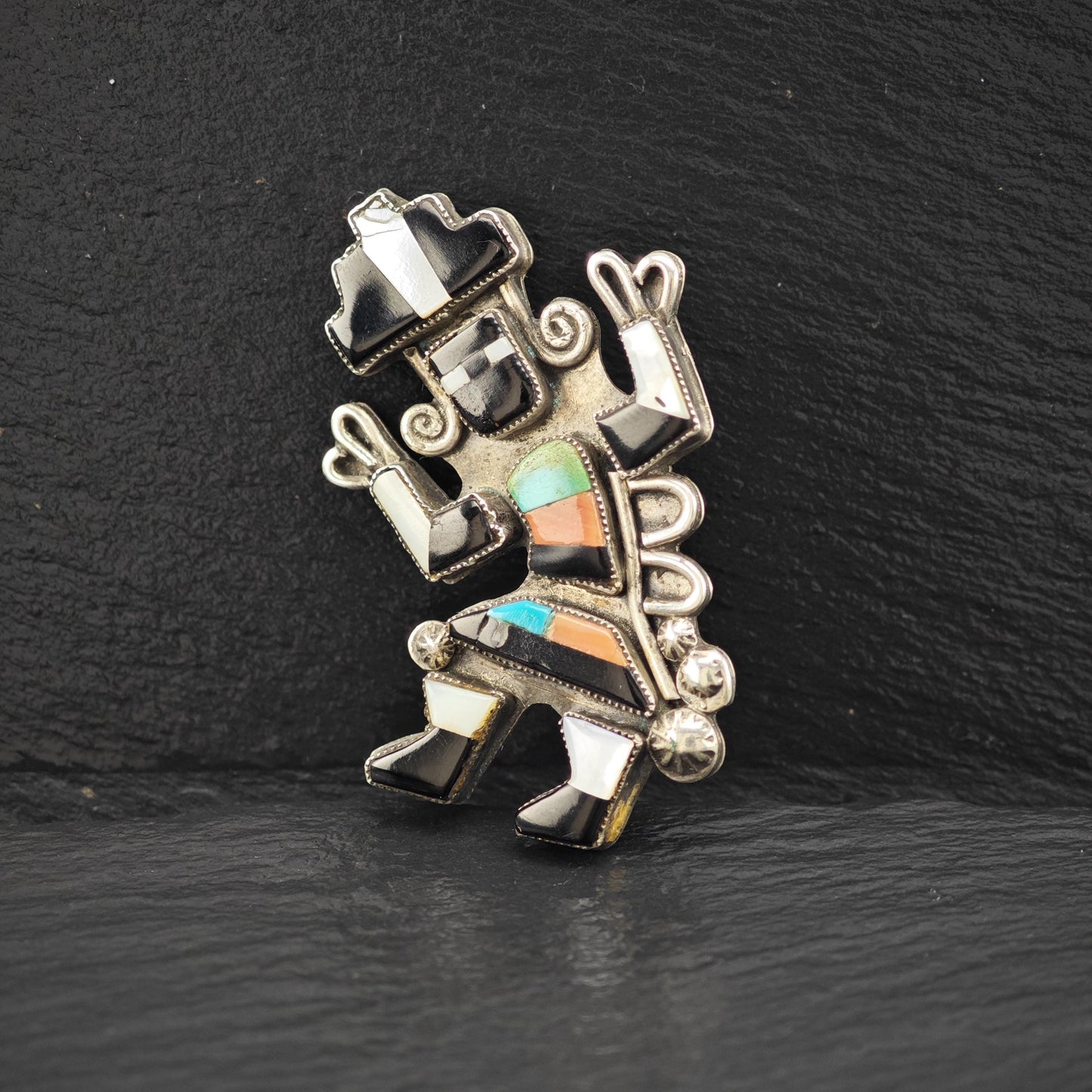 Zuni Sterling Silver Brooch Kachina Gemstone Inlay