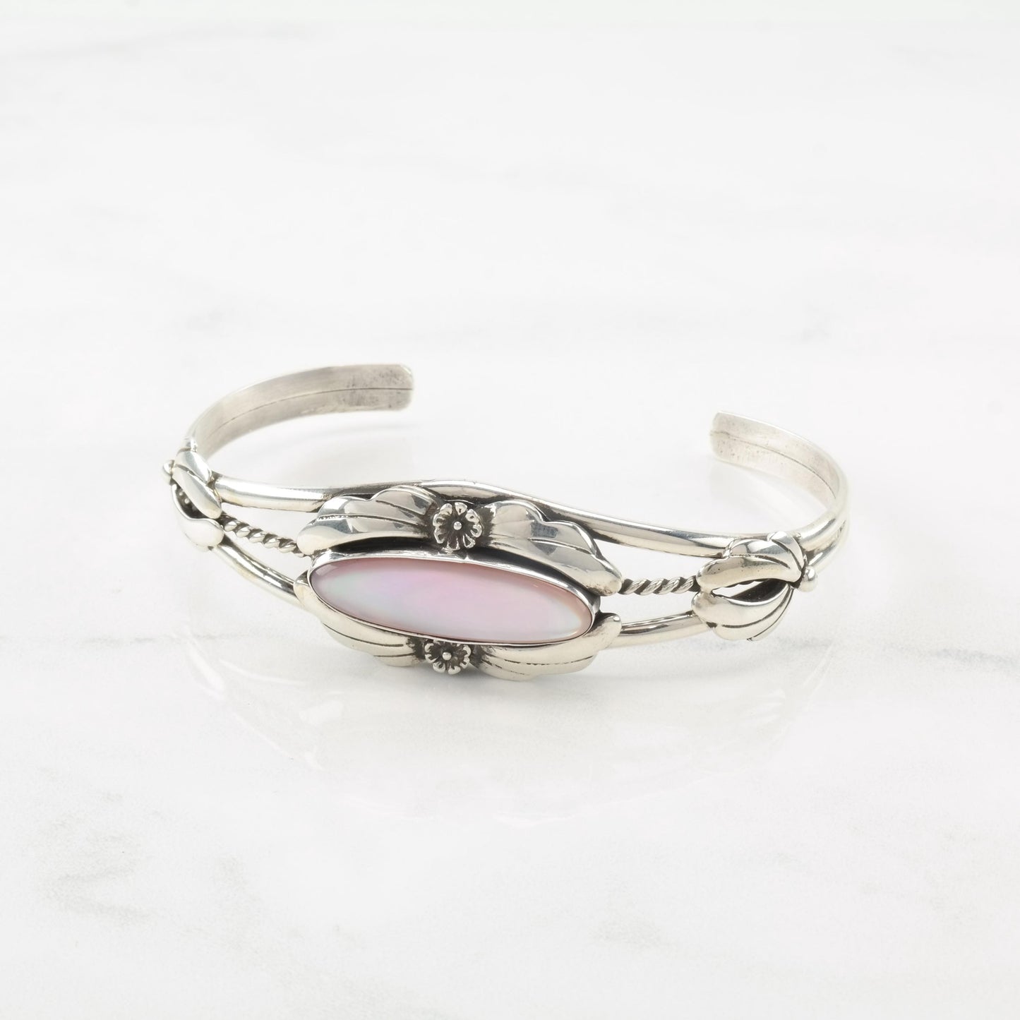 Native American Pink Mother of Pearl, Floral Sterling Silver Cuff Bracelet