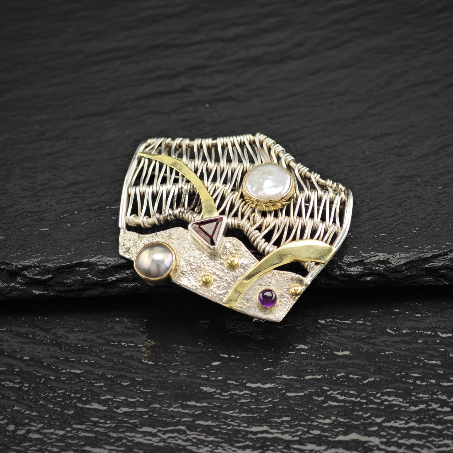Sterling Silver Abstract Brooch with Multi-Color Pearls MOP Garnet Amethyst