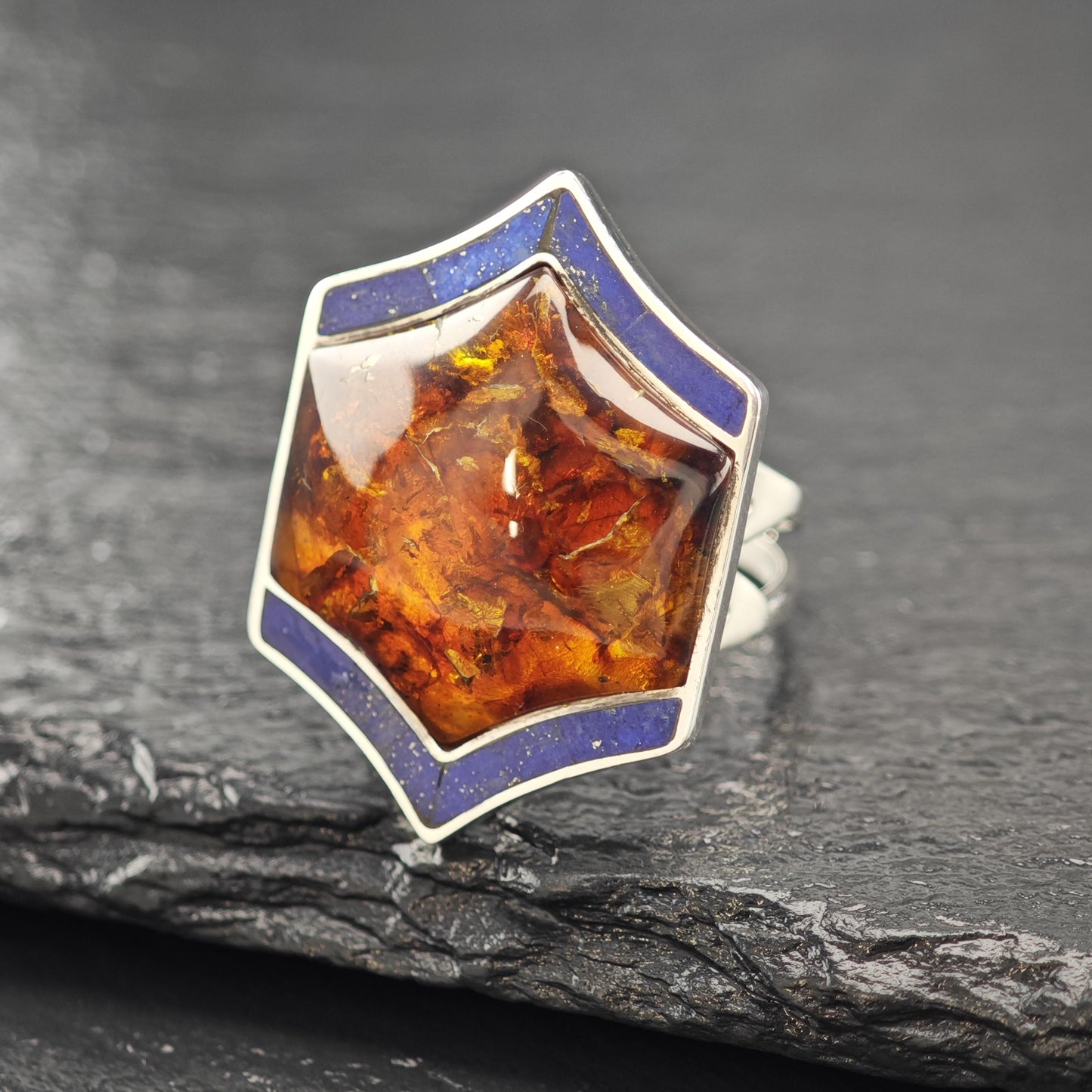 Amber and Lapis Ring Sterling Silver Size 9 R5957