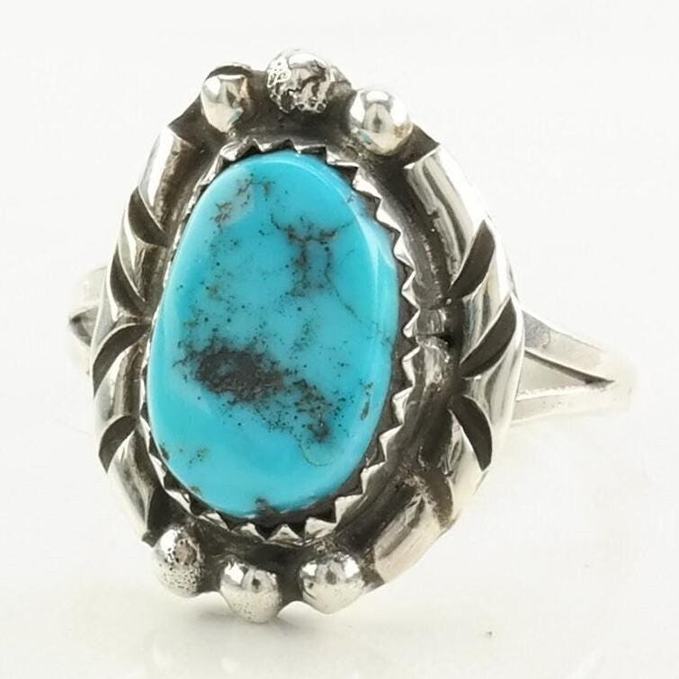 Vintage Native American Sterling Silver Ring, Natural Turquoise Blue Size 8