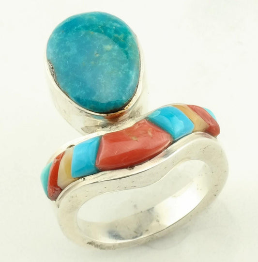 Vintage Sterling Silver Turquoise Coral Cobblestone Inlay Ring