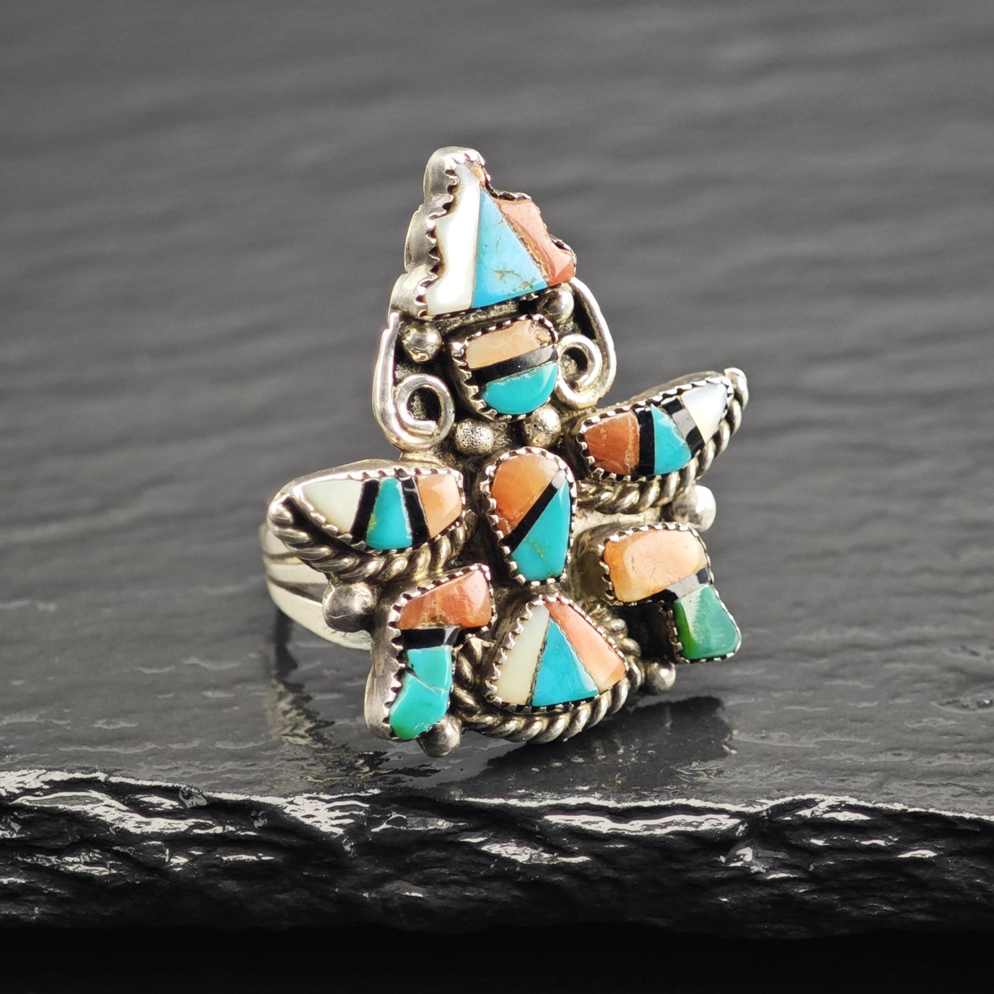 Zuni Inlay Dancer Sterling Silver Ring Sz 6 3/4 R6624