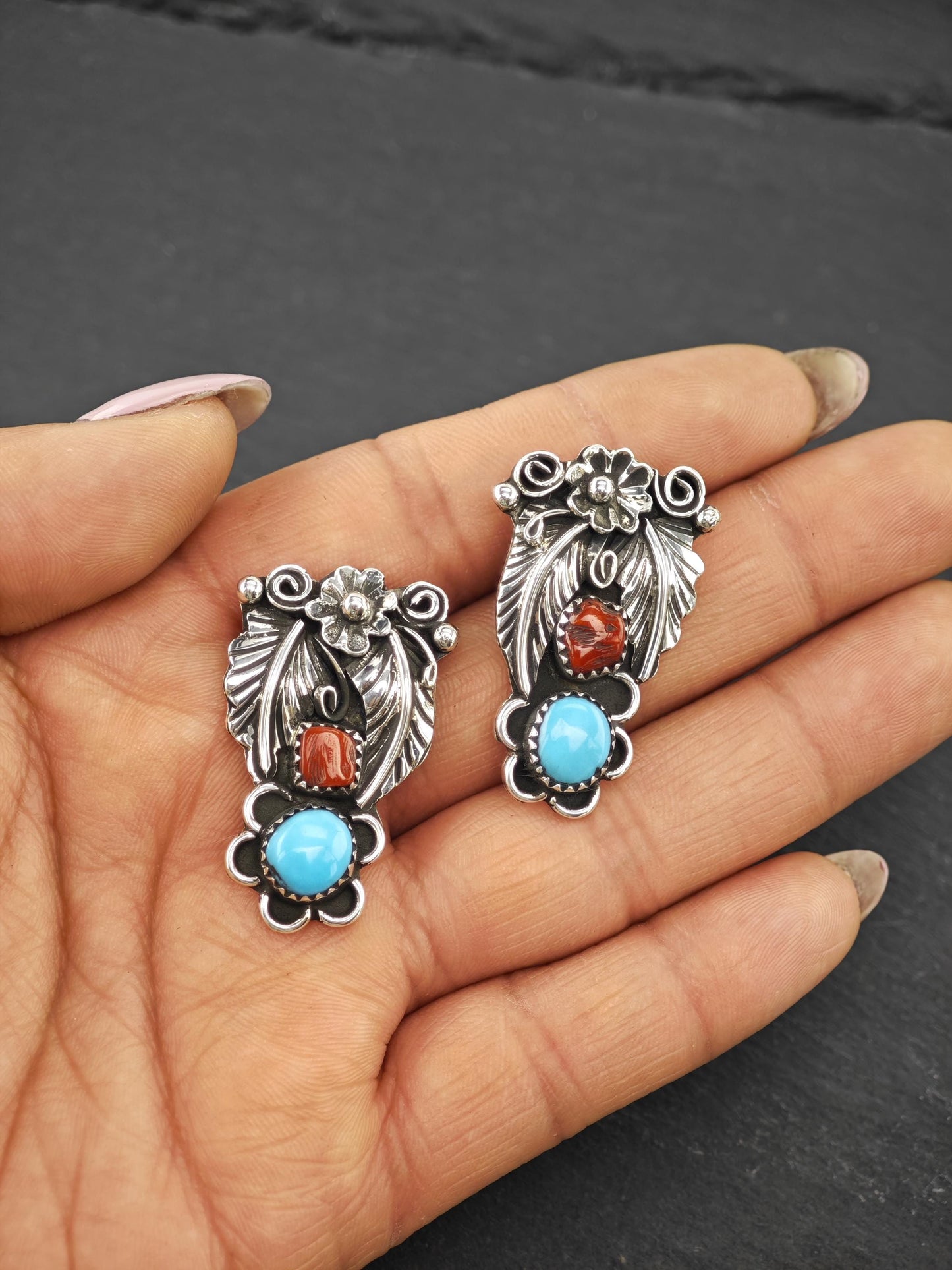 Native American Turquoise & Coral Stud Earrings Sterling Silver