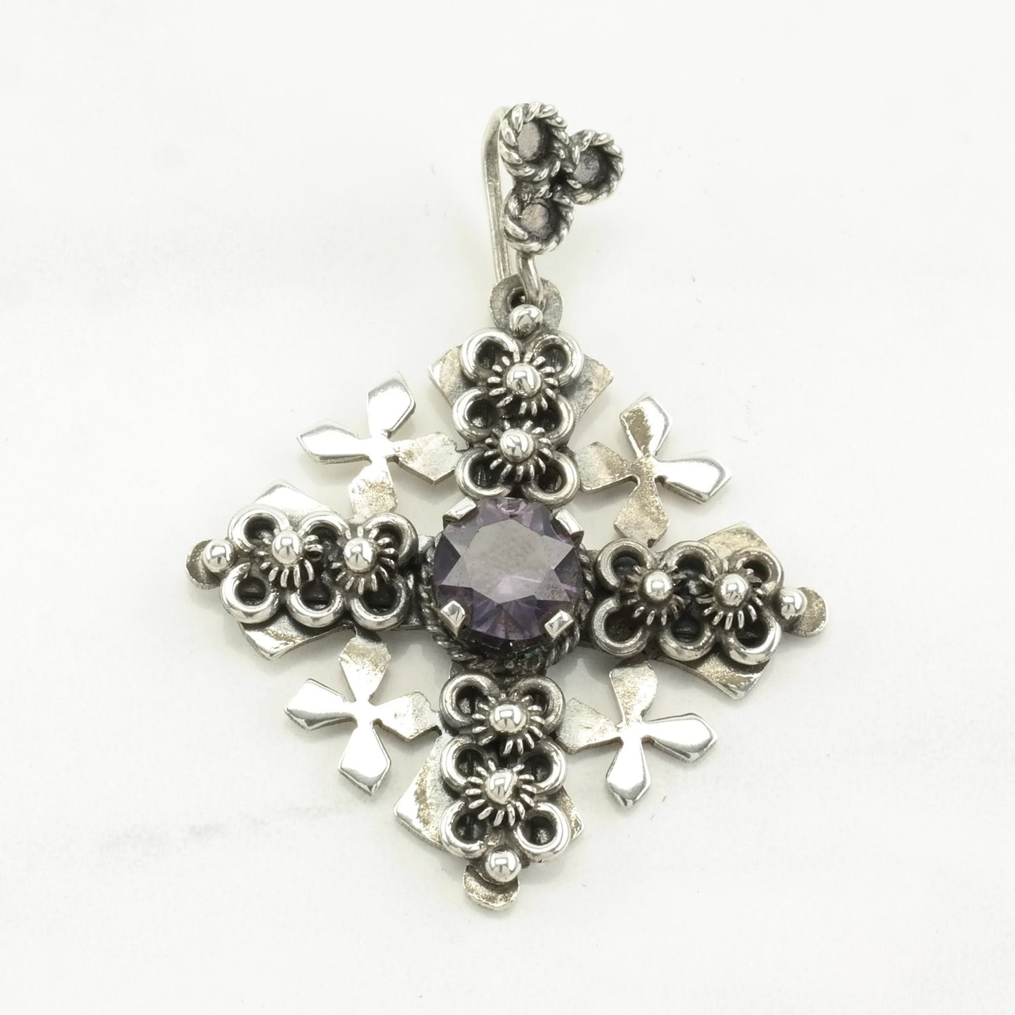 Vintage Gemstone Cross Jerusalem Cross Sterling Silver Pendant