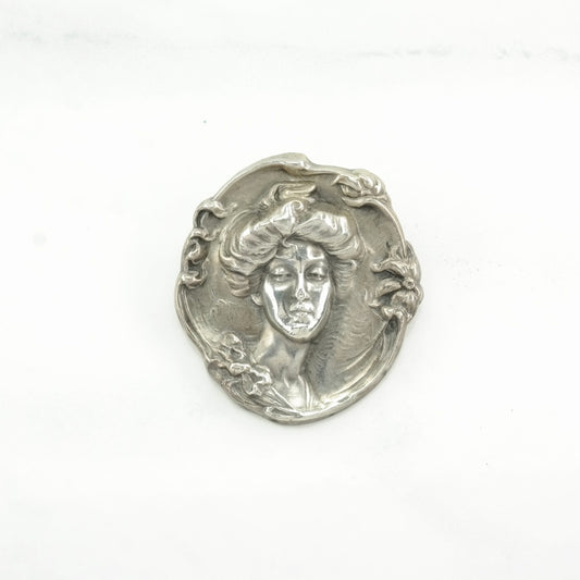 Art Nouveau Sterling Silver Brooch Female, Muse