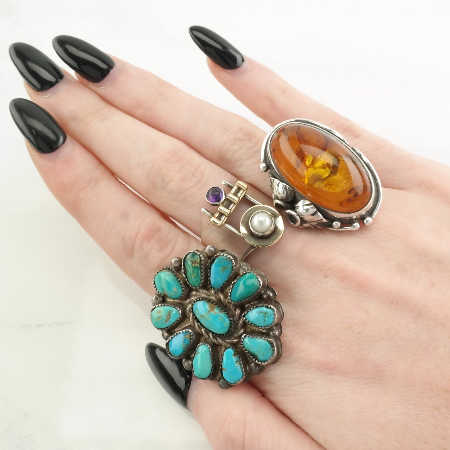 Art Nouveau Style Silver Ring Amber Sterling Orange Size 8