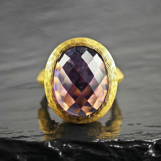 Faceted Amethyst Gold-Plated Textured Sterling Silver Ring Sz 5 R6820
