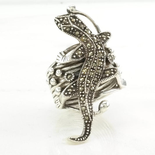 Vintage Sterling Silver Lizard Ring Marcasite , Animal Size 7 3/4