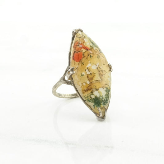 Chinese Export Silver Ring MOP Hand Painted Sterling Size 3 1/2