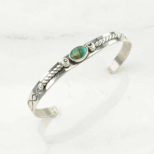 Vintage Native American Sterling Silver Cuff Bracelet Blue Turquoise Rope, Stamped