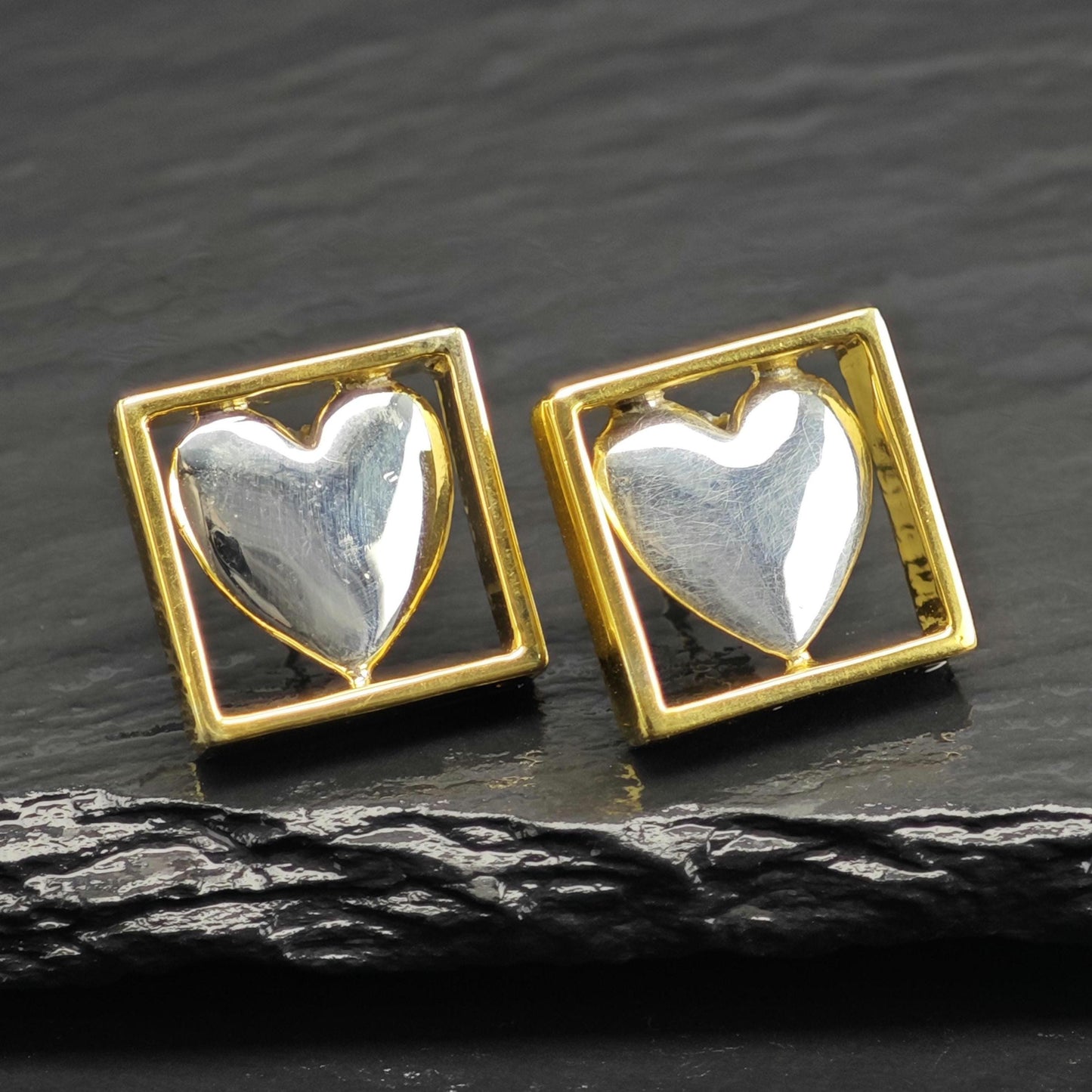 Sergio Bustamante Heart, Gold Tone Frame Stud Sterling Silver Earrings ER3123